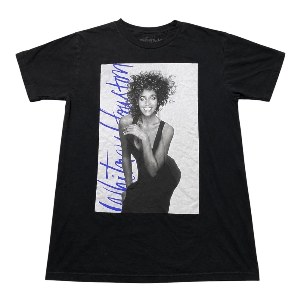 Whitney Houston Graphic T-Shirt Black Short Sleeve Portrait Tee Mens Medium